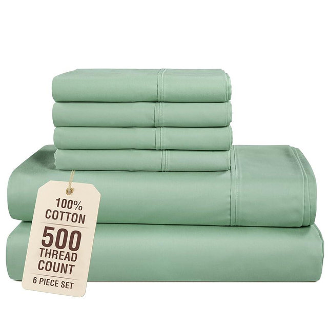 Casa Platino Queen Size Sheets Set, 6 Piece 100% Cotton Bed Set with 500 Thread Count Silky Sateen Finish, Ideal for Everyday Use, 15 Inch Deep Pocket Fit, Soft & Breathable Queen Sheets – Sage Green