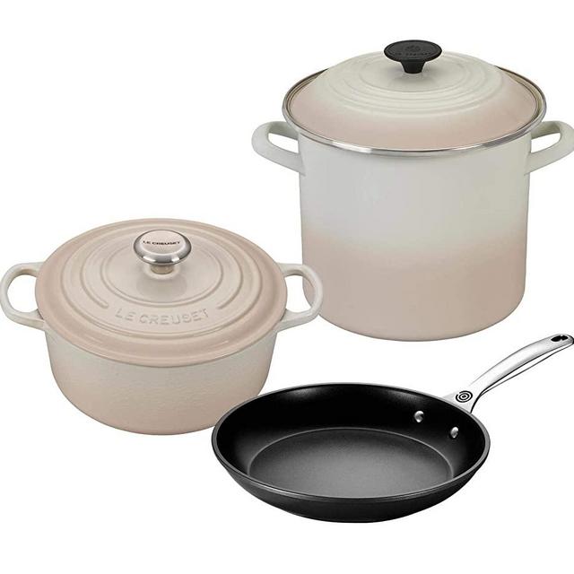 Le Creuset 5-Piece Oven and Stovetop Cookware Bundle with 4-1/2 QT Round Dutch Oven, Le Creuset 8 QT Covered Stockpot, and Le Creuset 10" Toughened Nonstick Pro Fry Pan - Meringue
