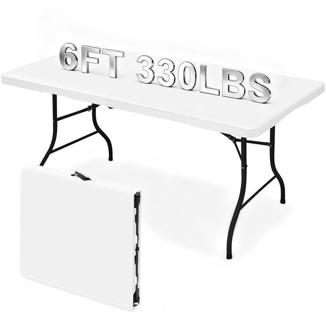 Keycozy Heavy Duty 6ft Folding Table, Portable Fold-in-Half 6 Foot Foldable Table, Table of Utility Dining Indoor Outdoor with Carrying Handle for Camping Picnic and Party, White