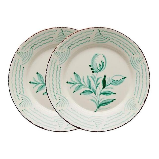 Casa Nuno Green and White Dinner Plates, 2 Flowers/Waves, Set of 2