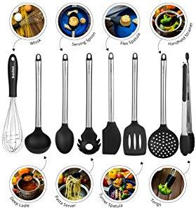 Kitchen Utensils - 8 Piece Cooking Utensils - Nonstick Utensil Set - Silicone and Stainless Steel Kit - For Pots and Pans - Serving Tongs, Spoon, Spatula Tools, Pasta Server, Ladle, Strainer, Whisk