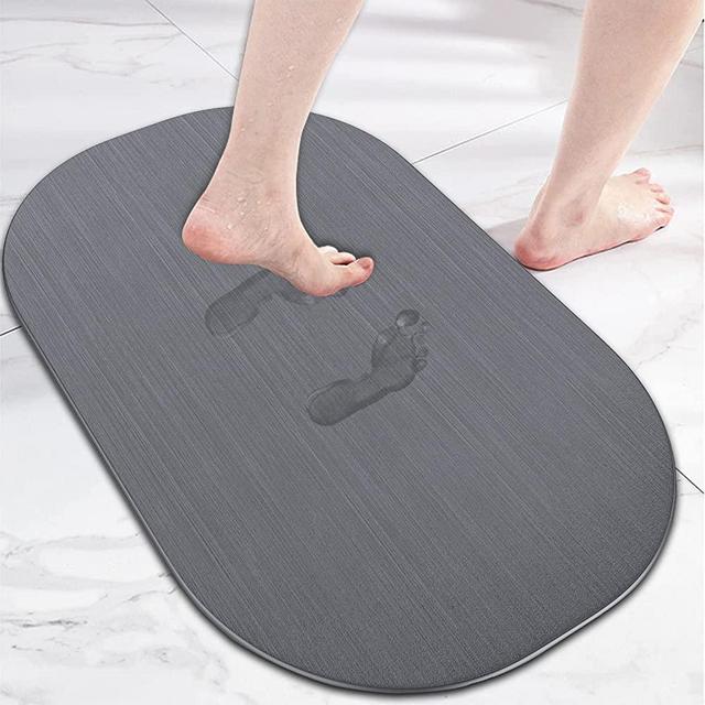 WNOMDY Bath Stone Mats Diatomaceous Earth Bath Mat Fast Water Drying Super Absorbent Diatomite Mat with Non-Slip for Bathroom Shower Floor,Kitchen Absorbent Pad,15.35x23.62inch,Grey,Oval,Hard 1-Pack