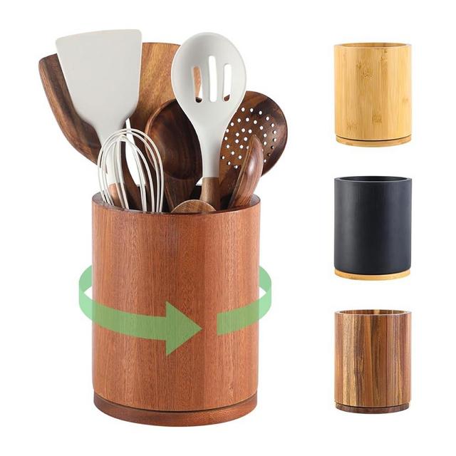 gorsent Wooden Utensil Holder, 360°Rotating 7.3'' Large Utensil Holder for Kitchen Counter, Kitchen Utensil Organizer, Utensil Crock, Farmhouse Kitchens Countertop Decor, Sapele Wood