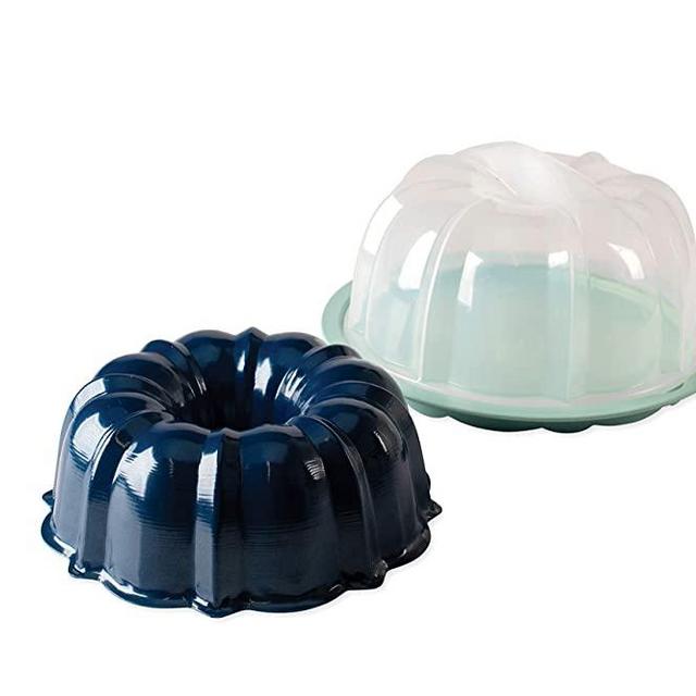 Nordic Ware Bundt Translucent Cake Keeper, 12 Cup capacity, Sea Glass base with Navy pan