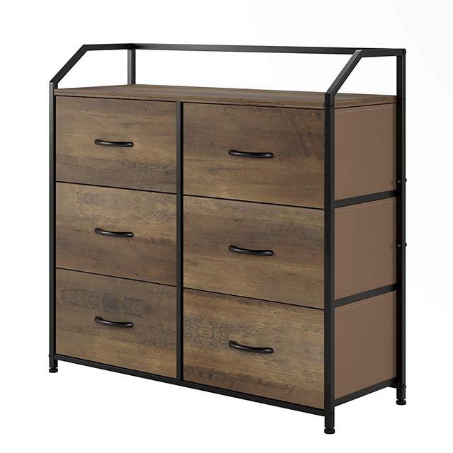 HOMECHO 6-Drawer Dresser, Industrial Wide Dresser Storage Chest with Fabric Drawers, Solid Wood Top, Sturdy Metal Frame, Night Stand Functional Organizer Unit for Closets, Bedroom, Hallway, Brown