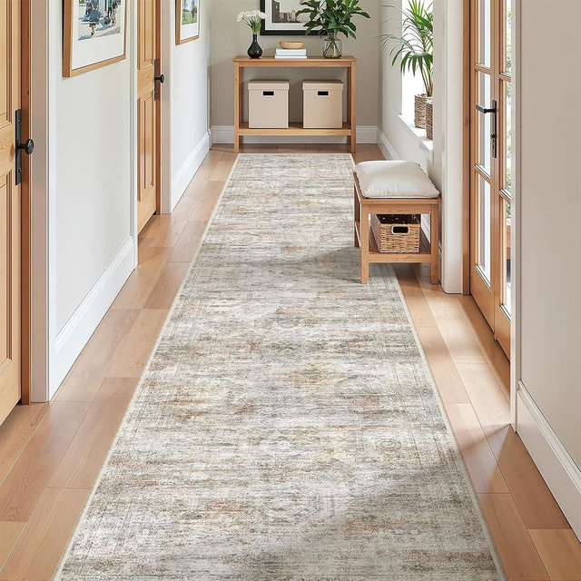 Restydon Long Hallway Runner Rug- Carpet Runners for Hallway 12ft, Anti Slip Backing Washable Rug Runner for Bathroom, Entrance, Living Room, Soft Low Pile Modern Rug Runner(2'x12', Grey/Rust)