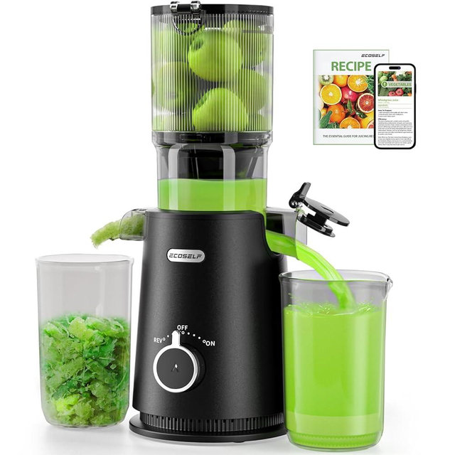 ECOSELF Cold Press Juicer - Wide Mouth Hopper for Fruits & Vegetables & Leafy Greens - Juicer Machines with Self Feeding - Hands-Free Design - Juice Extractor Machine Easy to Clean With Brush