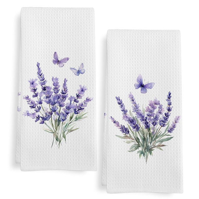 GWFSJYU Purple Lavender Floral Kitchen Towels Set of 2, Butterfly Floral Dish Tea Towels for Kitchen,Purple Flower Decorative Hand Towel for Bathroom, 16x24 Inch