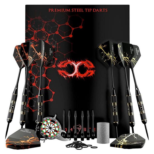 CC-Exquisite Professional Darts Set - 6 Steel Tip Darts Complete with 12 Dart Flights and 12 Aluminum Shafts Customizable Configuration, 12 O-Rings, Tool, Sharpener and Case for Man Cave & Game Room