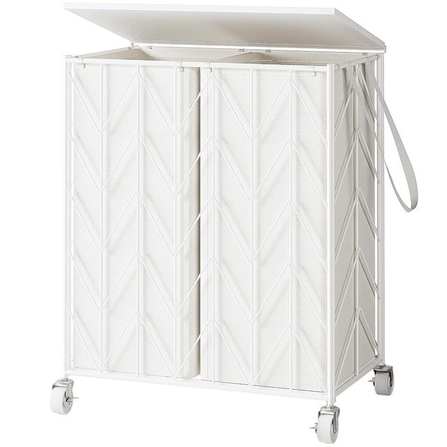 WOWLIVE Laundry Basket with Wheels, Heavy Duty Laundry Hamper with Wood Lid, Clothes Hamper with Divided Removable Liner Bag, Large Capacity Iron-Made Laundry Sorter Laundry Room Organization (White)