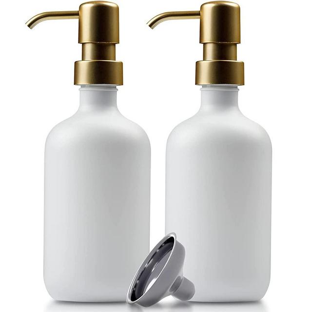 2 Pack Premium Gold Soap Dispenser Multi-Purpose Refillable Plastic Pump Bottles w/ Matte Black Dispenser w/ Stainless Steel Funnel | Kitchen Decor | Bathroom Decor | Hand Sanitizer Dispenser (500ml)