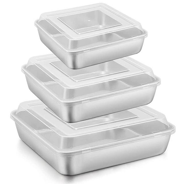6/8/9-Inch Square Cake Pan with lid Set, E-far Square Baking Brownie Pans Stainless Steel Bakeware Set of 3, Non-toxic & Healthy, Easy Clean & Dishwasher Safe - 6 Pieces(3 Pans + 3 Covers)