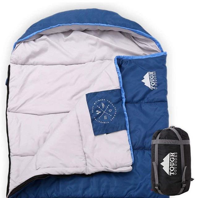 Tough Outdoors All Season XL Sleeping Bag for Big and Tall Adults - Ideal for Warm/Cold Weather Camping and Hiking - Wide, Oversized & Waterproof Hooded Sleeping Bag with Free Compression Sack