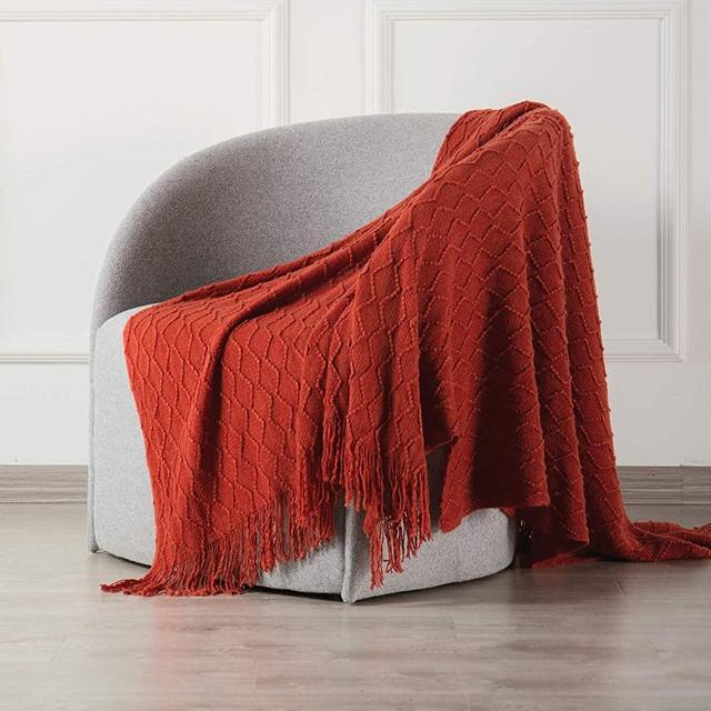 SPAOMY Throw Blanket, Knit Blanket with Tassels, Textured Cozy Lightweight Decorative Throw Blanket for Couch, Bed, Sofa, Travel- All Seasons (50x60 Inch, Rust)