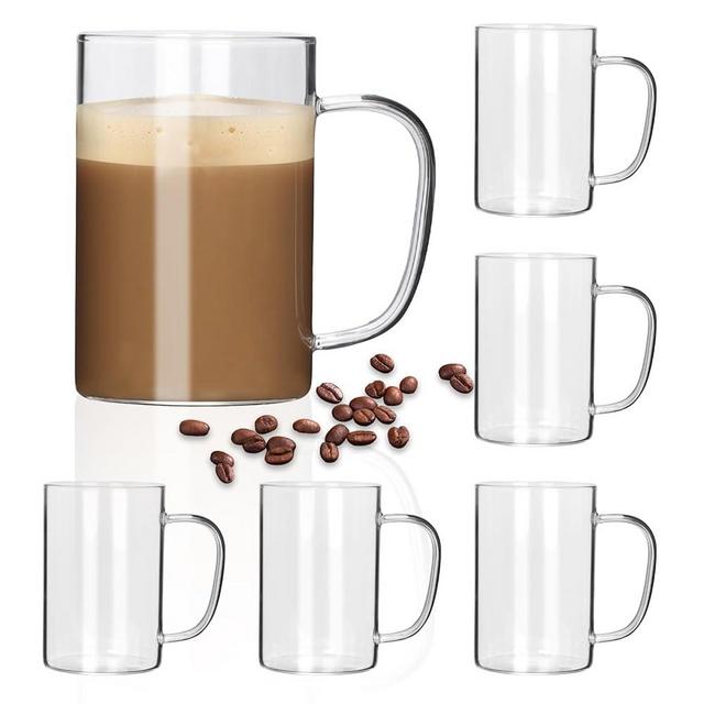 Trwcrt 15 oz Glass Coffee Mug Set of 6, Clear Coffee Mugs with Handle for Hot Beverages, Large Wide Mouth Glass Cup for Latte, Cappuccino, Hot Chocolate, Tea and Juice