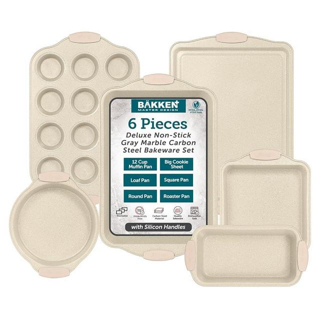 BAKKEN 6-Piece Deluxe Nonstick Baking Pan Set - Professional Grade Carbon Steel Bakeware with White Marble Coating & Silicone Handles