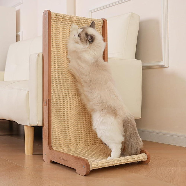 Sisal Cat Scratcher for Indoor Cats, Beechwood Base, Natural Sisal Woven Scratch Pad, Durable Scratching Post, Furniture Protector (L1)