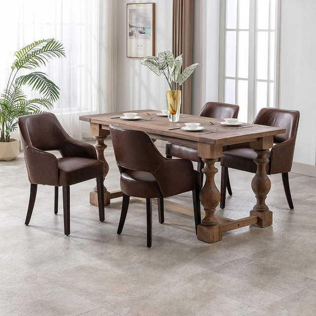 DM Furniture PU Leather Dining Chairs Set of 4 Upholstered Side Chairs Wood Accent Chair for Living Room/Dining Room/Bedroom/Restaurant, Brown