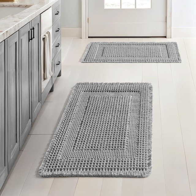 MIULEE Set of 2 Waffle Bathroom Rugs, Boho Bath Rug Super Absorbent, Non Slip Washable Ultra Soft Rubber Backed Shower Bath Mats for Floor, Tub, Shower, Looped Design, Light Grey, 17x24 Inch