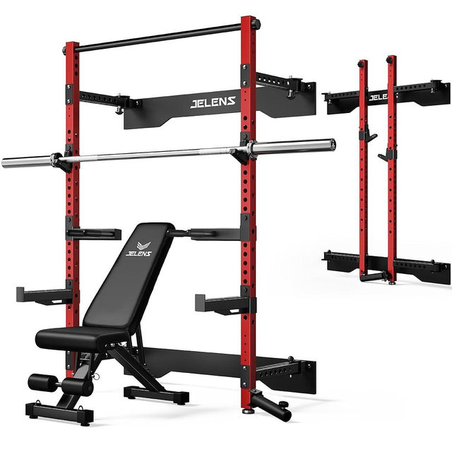 JELENS Folding Squat Rack, Wall Mounted Power Rack for Home Gym, Space Saving Multi-Functional Power Cage with Attachments