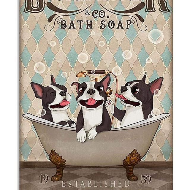 Boston Terrier With Bathtub Poster Boston Terrier Bath Soap Wash Your Boston Terrier Wall Art Hanging Poster Painting Canvas Paper Photography Living, Bedroom, Bathroom Home Decor No Frame (12"x18")