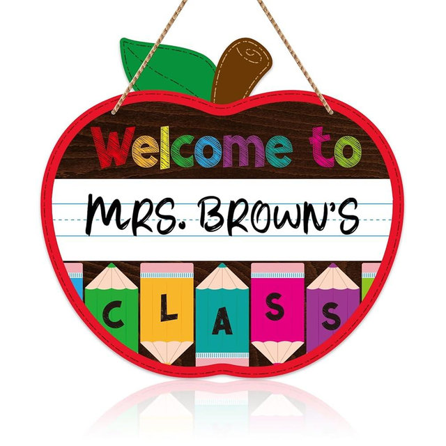 WaaHome Welcome Sign for Classroom Door Decorations 11.3"x12" Personalized Apple-shape Teacher Door Sign Back to School Welcome to Our Classroom Sign Teacher Name Sign for Classroom Door Teacher Supplies
