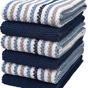 Premium Kitchen Towels (16”x 26”, 6 Pack) | Large Cotton Kitchen Hand Towels | Popcorn Striped Design | Dish Towels | 430 GSM Highly Absorbent Tea Towels Set with Hanging Loop | Blue