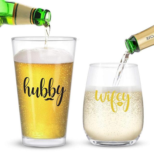 Wifey and Hubby Wine Glass and Beer Glass Set - Novelty Gifts for Couples Wife Husband Newlywed Him Her, Couples Gift Set for Engagement Wedding Birthday Bridal Shower Valentine's Day Christmas