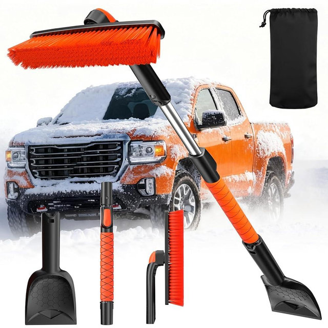 DMJN [2025 Upgrade Extendable Car Snow Brush and Ice Scraper [3-in-1] Clean Snow, Ice and Frost, 45''Adjustable Length with 360° Rotating Brush Head, Suitable for All Cars-Medium