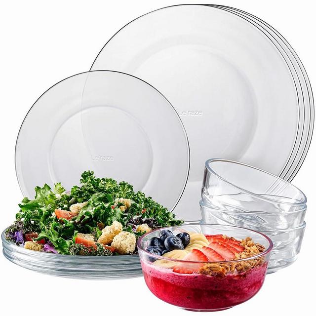 12pc Glass Dinnerware Set - Sleek Square Clear Glass Plate and Bowl Sets - Dishwasher Safe, Bread & Butter Dinner, Dessert, Salad Plates & Serving Cereal Soup Bowls Dishes for Kitchen Dining & Parties