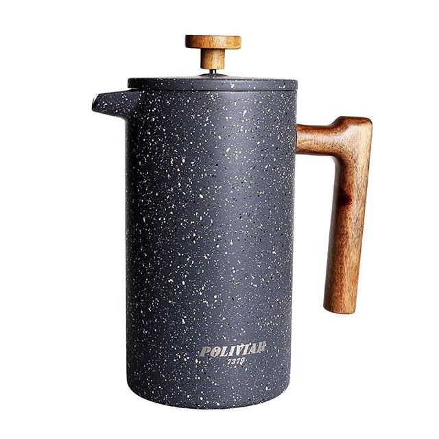 POLIVIAR French Press Coffee Maker, 34 oz Coffee Press with Teak Wood Handle, Double Wall Insulation & Dual-Filter Screen, Food Grade Stainless Steel for Good Coffe and Tea (Lava)