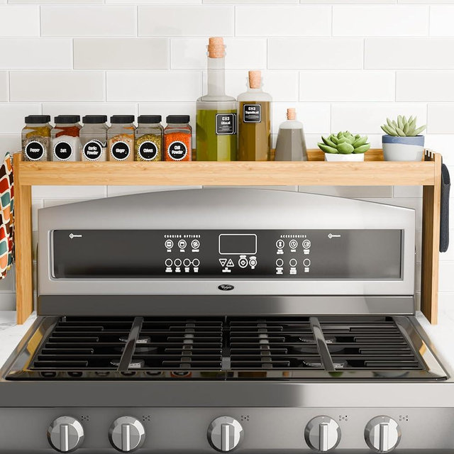 Edgeline Bamboo Over The Stove Modern Spice Shelf, Over Sink Shelf, 31.5” Wide Storage, 11.4” High Countertop Shalf, 6 Side Hooks, Easy to Assemble, Eco-Friendly Durable Material, Easy to Clean