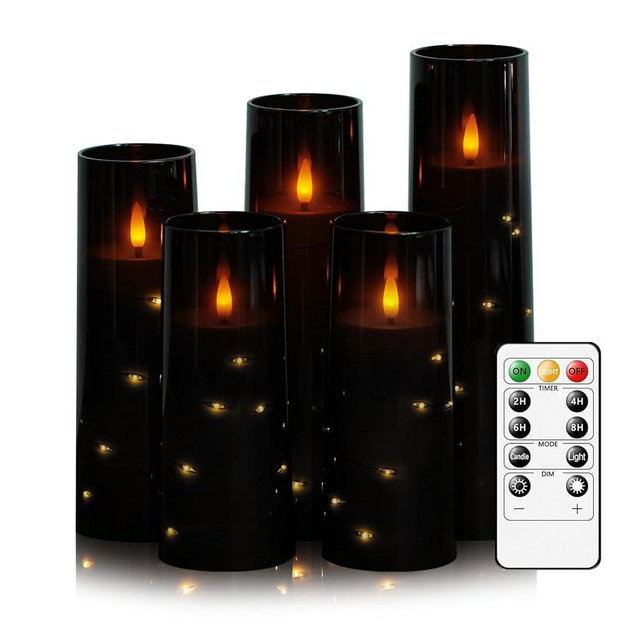 kakoya Flameless LED Candles with Timer 5 Pc Flickering Flameless Candles for Romantic Ambiance and Home Decoration Stable Acrylic Shell,with Embedded Star String,Battery Operated Candles（Grey）
