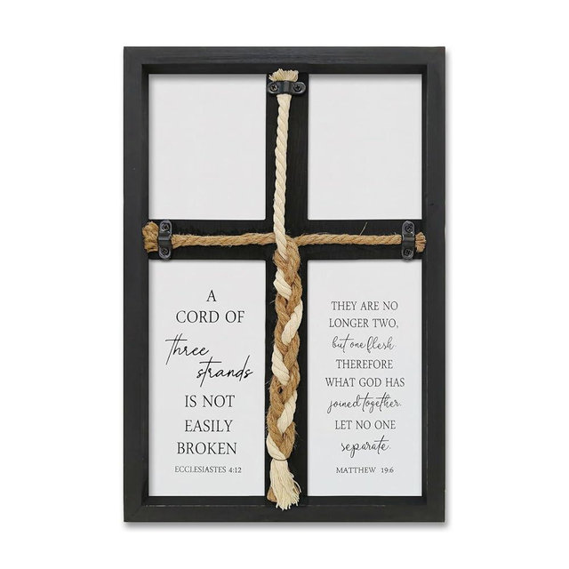 FZMHASLWW A Cord of Three Strands Wedding Ceremony Unity Cross Sign Framed 15x10 Inch Christian Marriage Prayer Wall Decor Hanging (Black)