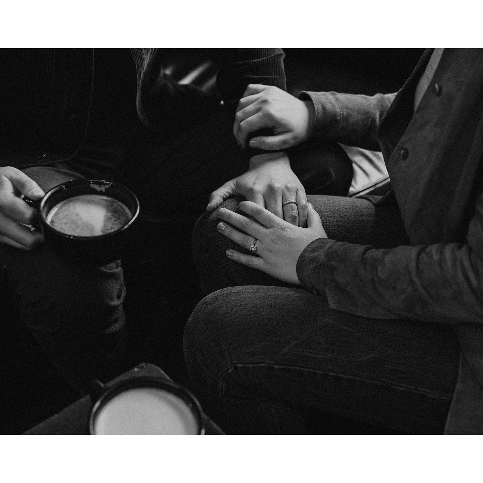 Engagement photos by In the Alpenglow at Bluebeard Coffee Roasters on a rainy day in Tacoma, Wahington in the fall of 2023.