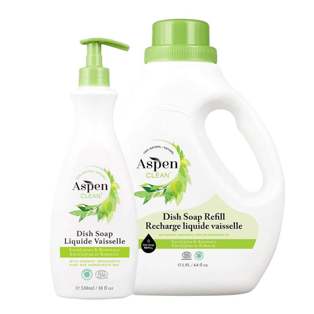AspenClean Natural Dish Soap and Refill Eucalyptus and Rosemary - 100% Natural, Organic, Baby-Safe, Pet-Friendly, Vegan, Cruelty-Free, Biodegradable - EWG VERIFIED & EcoCert Certified