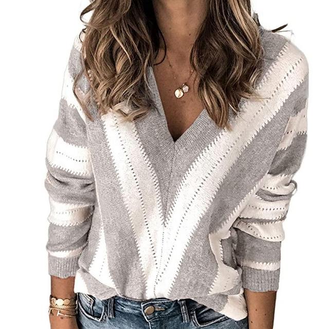 PRETTYGARDEN Women’s Fashion Long Sleeve Striped Color Block Knitted Sweater Crew Neck Loose Pullover Jumper Tops