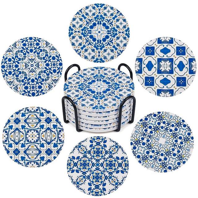Ceramic Coasters for Drinks Absorbent - Metal Holder Set, Dry & Clean, Anti-Slip Cork Bottom - Blue and White Porcelain, Perfect for Living Room, Kitchen, or Outdoor Use