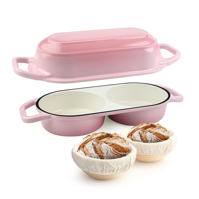 YONILL Mini Double Dutch Oven for Sourdough Bread Baking - Enameled Cast Iron Dutch Oven Pot with Lid and 5" Banneton Bread Proofing Basket Kit, Dual Round Bread Loaf Pan for Homemade Baking (Pink)