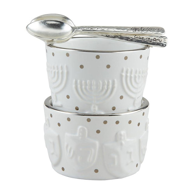 Mud Pie Hanukkah Sauce Set, tidbit 2" x 3" dia | spoon 4", SILVER