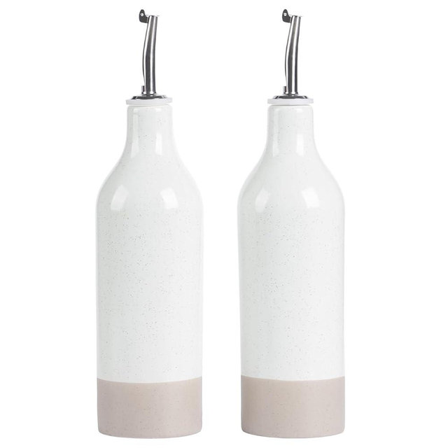 famiware Milkyway 16oz Ceramic Olive Oil Dispenser Bottle, Olive Oil and Vinegar Dispenser Bottle Set of 2 with Stainless Steel Pourers, Suitable for Storage Vinegar, Soy Sauce, Liquids, White