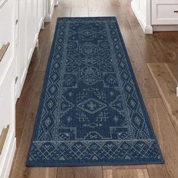 Leelu Navy Blue Rug - 2.5' x 7' - Flatwoven Rug + Standard Pad
