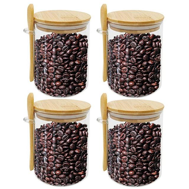 4Pack-15Oz Glass Jars Conisters with Airtigh Bamboo Lid and Spoon Scoop,Glass Food Storage Containers Kitchen Organization Jars for Coffee Beans,Spice,Brown Sugar,Tea,Flour,Nuts,Candy,Salts and More