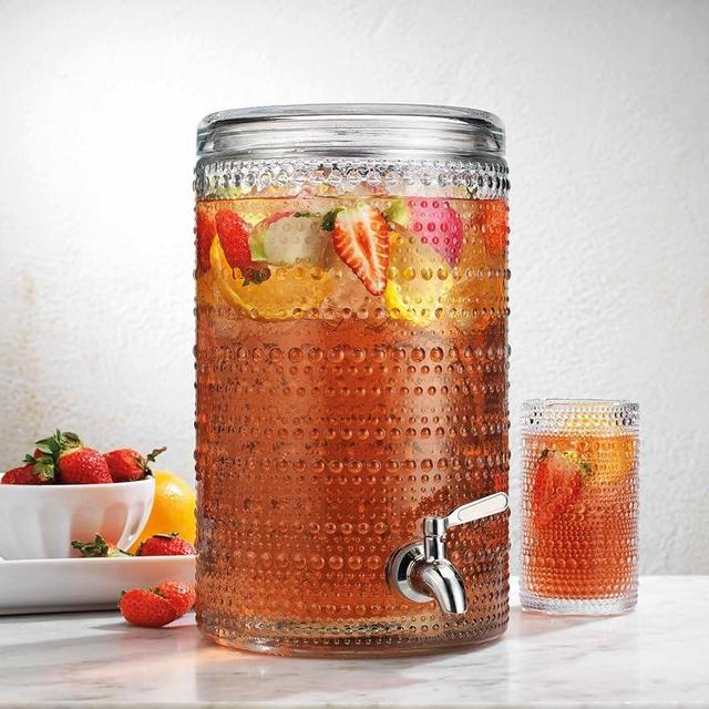 Glavers 2 Gallon Beverage Dispenser Clear Glass Hobnail Beaded Jug, Tight Lid, Side Press Stainless Steel Spigot. Cocktails, Juices, Water, Lemonade, Iced Tea. Parties, Celebrations, Everyday Fridge.
