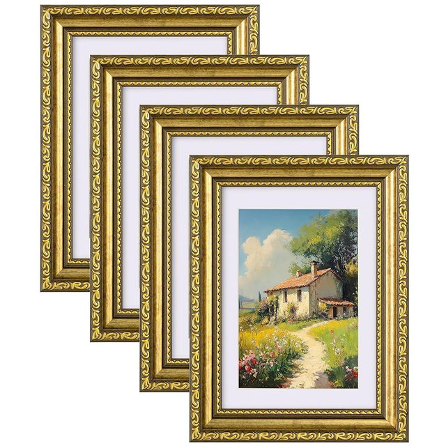 eletecpro 5x7 Picture Frames Set of 4, Vintage Gold Photo Frames with Glass, Displays 4x6 Photo with Mat or 5x7 without Mat for Tabletop or Wall Decor, Gold
