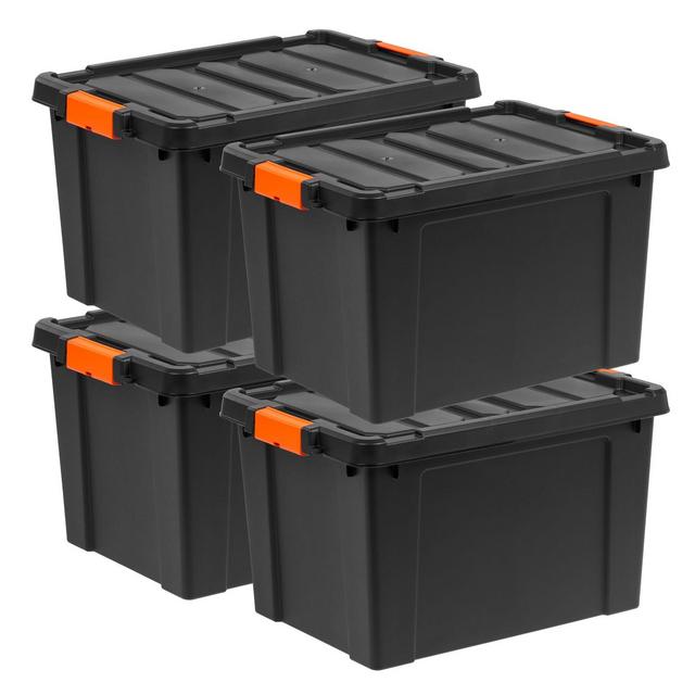 IRIS 19gal 4pk Store It All Tote Gray bottom with Black Lid and Buckles
