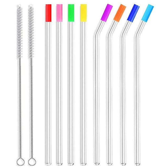 ALINK Skinny Clear Glass Straws, 10.5" x 7 mm Long Reusable Drinking Straws for 30 oz RTIC/YETI Tumblers, Starbucks Cups, Mason Jars, Pack of 8 with Cleaning Brush and Silicone Tips