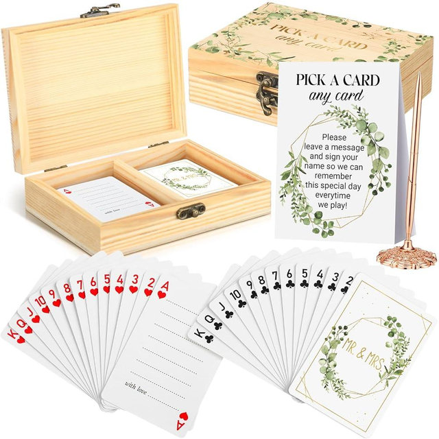 AceOrbit 58 Pack Eucalyptus Wedding Guest Book Playing Cards Set with Storage Box Pen Alternative Blank Playing Cards Signing Book Guestbook Guest Card Deck for Wedding Bridal Shower Party Games Decor