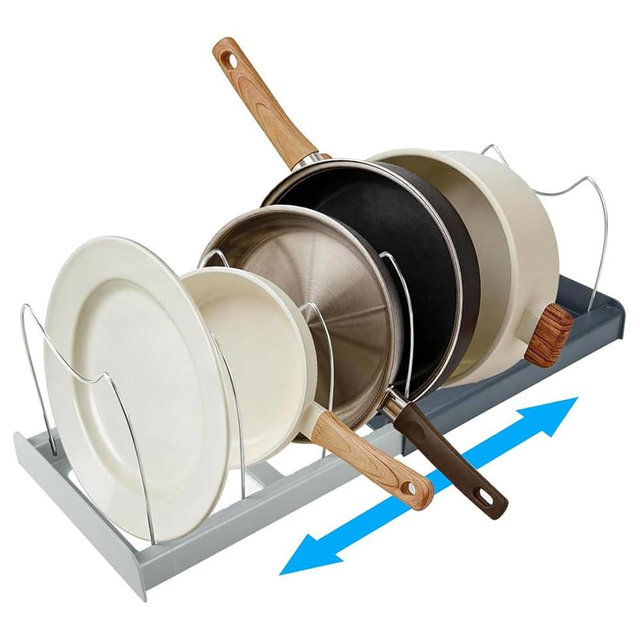 Tenrry Pot and Pan Organizer Rack for Cabinet - Expandable 12" to 22" Kitchen Cabinet Organizer with 7 Dividers, Heavy-Duty ABS Base for Lids, Cutting Boards, Bakeware, Cookware Storage, Grey
