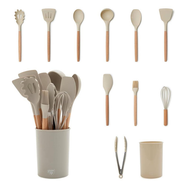 GreenLife 11 Piece Silicone Utensil Crock Set, PFAS-Free & BPA-Free Nonstick Kitchen Tools, Ladle, Turner, Slotted Turner, Spatula, Spoon, Spaghetti Server, Brush, Whisk, Tongs, Crock, Taupe